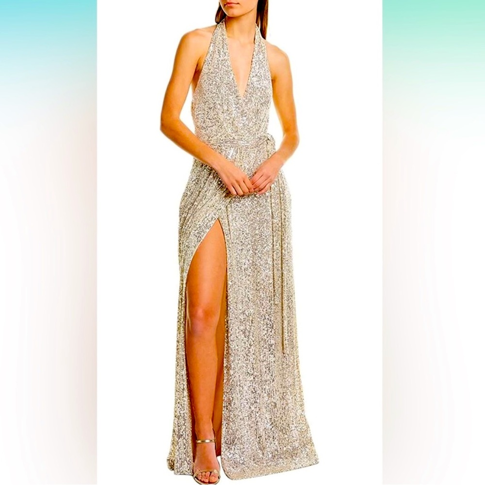 Halston Gold Sequin Halter Gown - Picture 5 of 10